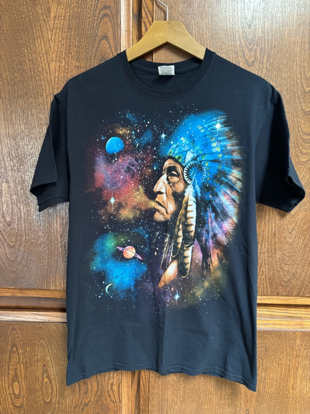 Fruit of the Loom Black Graphic Tee with Colorful Native Chief and Space Design